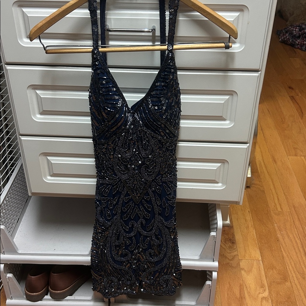 Navy Sequin Halter Dress